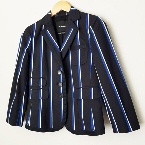 Club Monaco Black Blue Striped Crop Blazer Jacket Sz 2 Preppy Classic Nautical - Picture 1 of 14